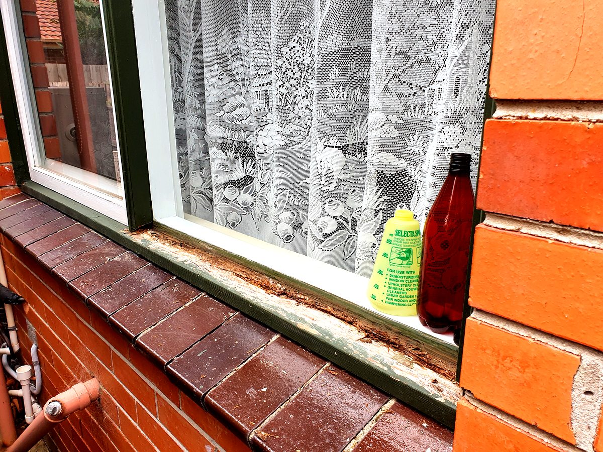 Rotten window sill before repair - Moorabbin